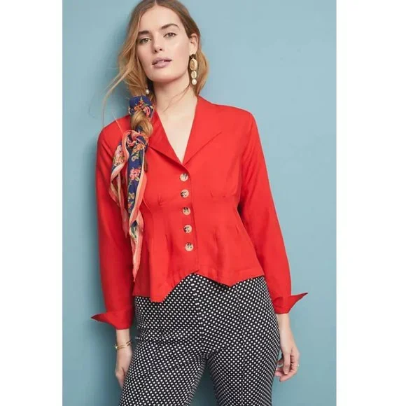 Anthropologie Maeve Linen Delia Tailored Blouse Pleated Button Down Blazer Shirt - Picture 3 of 8